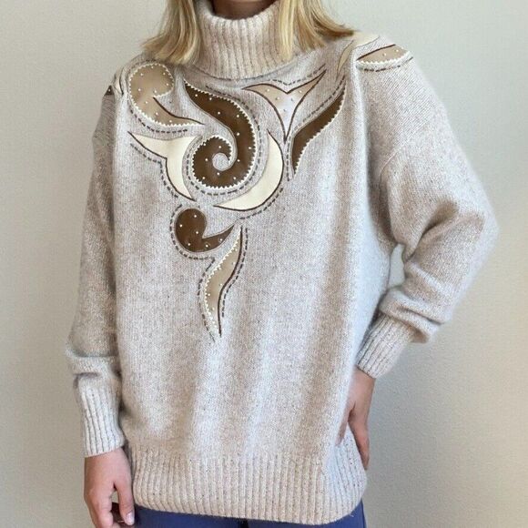 Vintage 80s Womens IB Diffusion Angora Silk Blend Geometric Beige Sweater Sz 2X - Picture 8 of 11